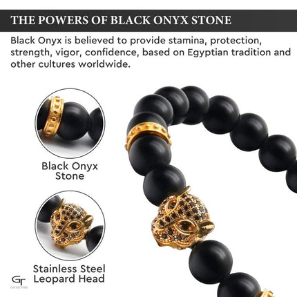 Armband aus SCHWARZEM ONYX mit goldenem LEOPARDEN-Kopf