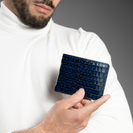 Geldbörse mit Croc-Print - Blau Echtleder