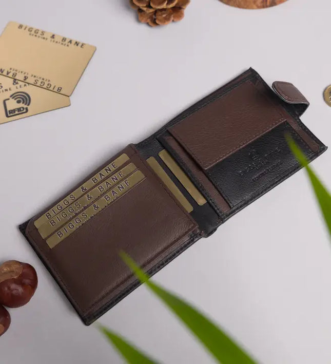 Biggs & Bane Herren-Bifold-Geldbörse aus schwarzem und dunkelbraunem Leder mit Münzfachlasche