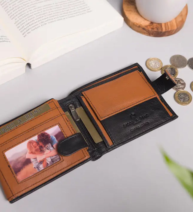 Große Kapazität Herren Bifold Schwarz & Tan Leder Geldbörse von Biggs & Bane