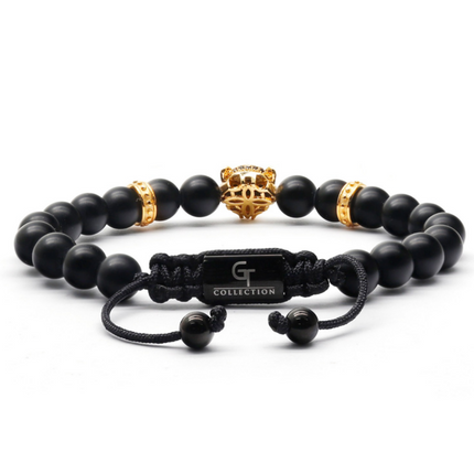 Armband aus SCHWARZEM ONYX mit goldenem LEOPARDEN-Kopf