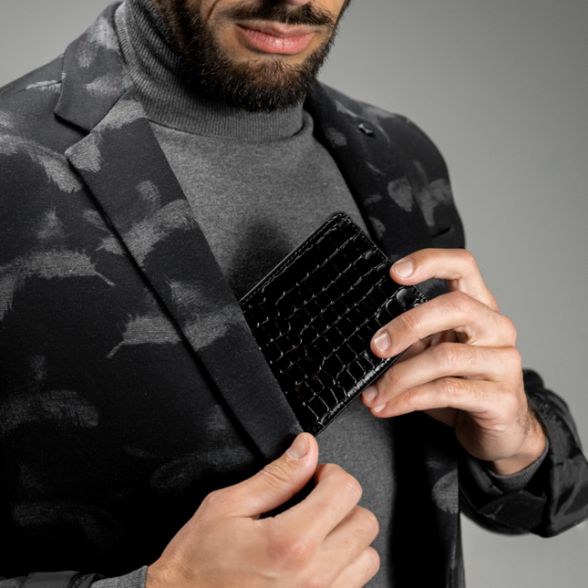 Geldbörse mit Croc-Print - Schwarzes Echtleder