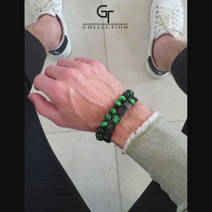 Flaches grüne Tigerauge, MATTE ONYX-Perlenarmband