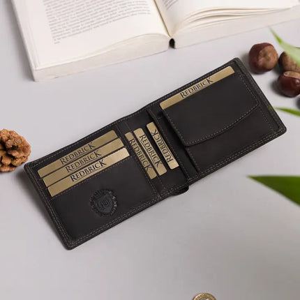 Redbrick Herren Bifold Geldbörse aus schwarzem Hunter-Leder mit Münzfach