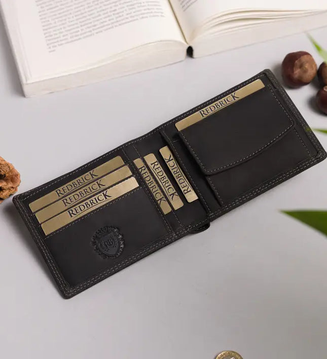Redbrick Herren Bifold Geldbörse aus schwarzem Hunter-Leder mit Münzfach