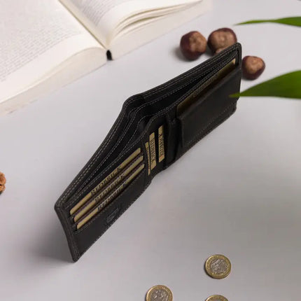 Redbrick Herren Bifold Geldbörse aus schwarzem Hunter-Leder mit Münzfach