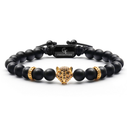 Armband aus SCHWARZEM ONYX mit goldenem LEOPARDEN-Kopf