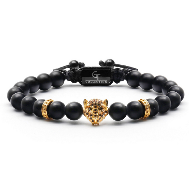 Armband aus SCHWARZEM ONYX mit goldenem LEOPARDEN-Kopf