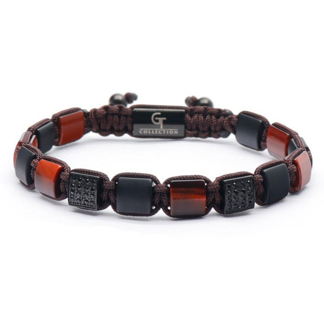 Flaches Roter Tigerauge, schwarzes Onyx Perlenarmband