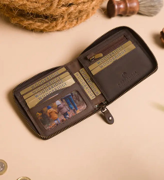 Woodbridge Herren Rustikaler Brauner Reißverschluss-Leder-Geldbeutel