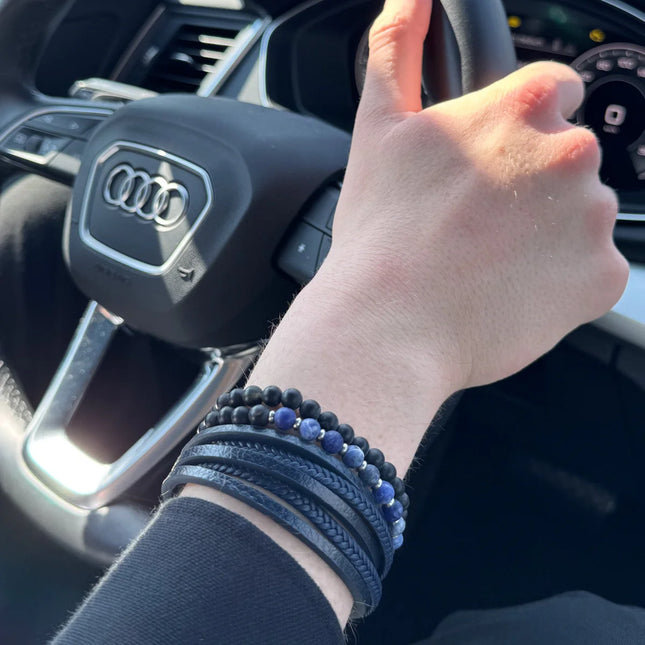 Blaues Lederarmband - Flechtmuster