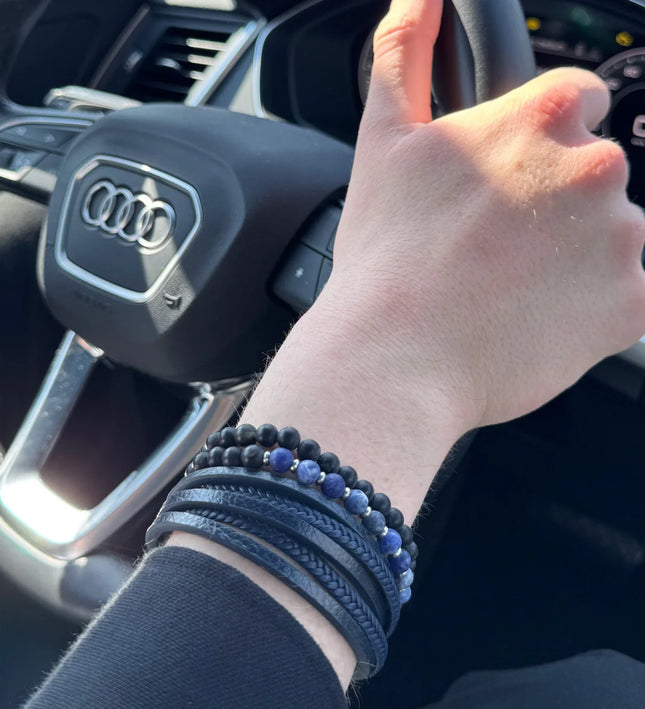 Blaues Lederarmband - Flechtmuster