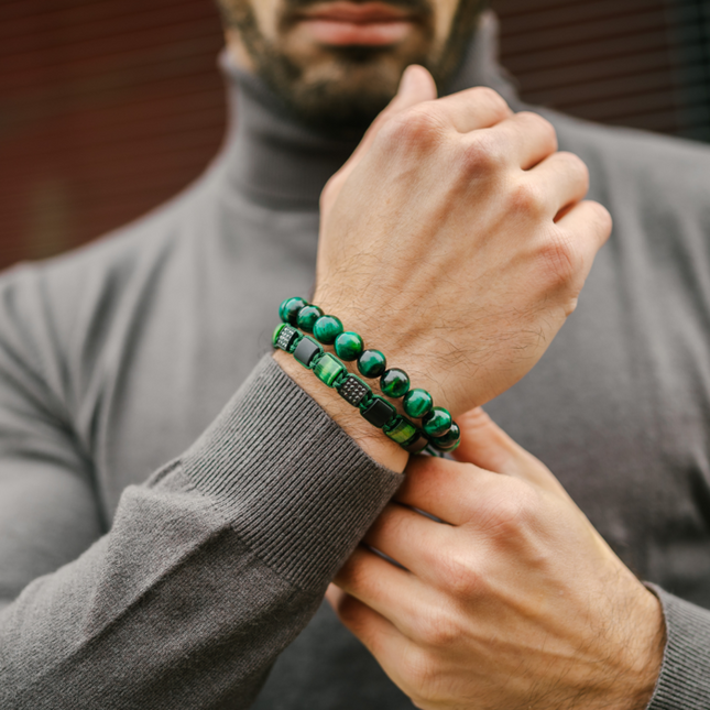 Flaches grüne Tigerauge, MATTE ONYX-Perlenarmband