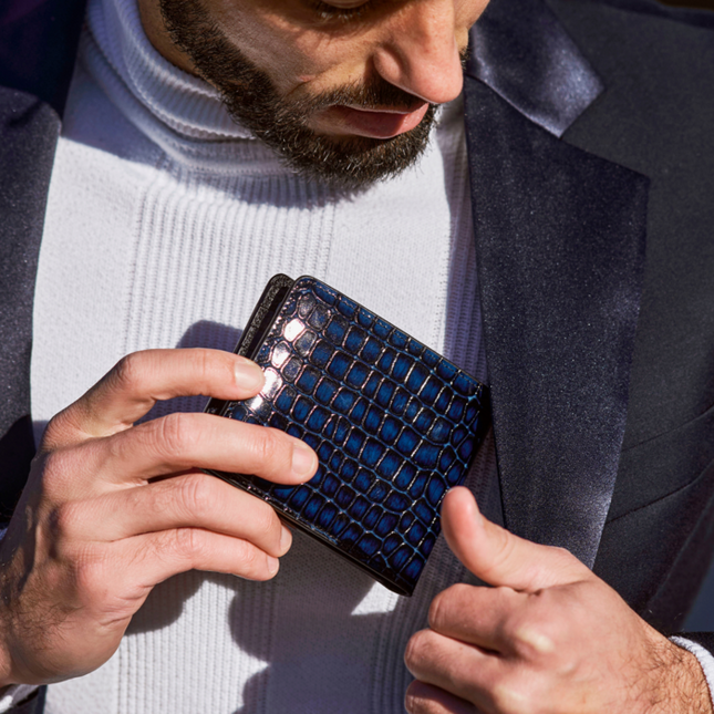 Geldbörse mit Croc-Print - Blau Echtleder