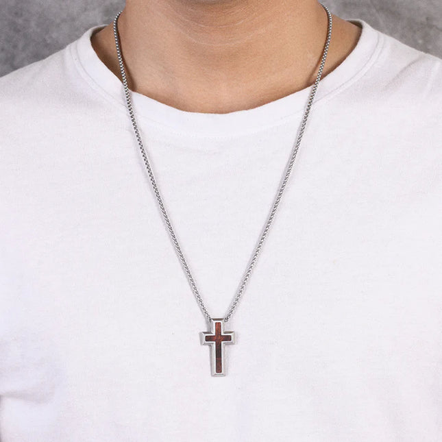 Kreuz Halskette mit Holzeinlage