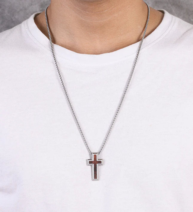 Kreuz Halskette mit Holzeinlage