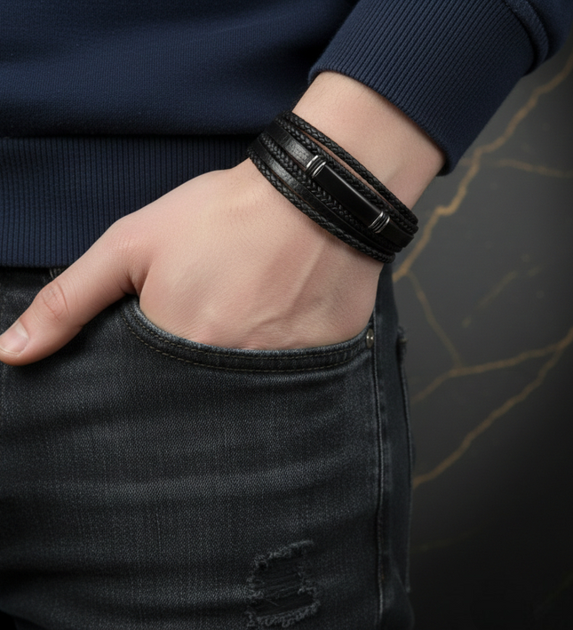 Mehrschichtiges Armband aus Leder mit Edelstahl