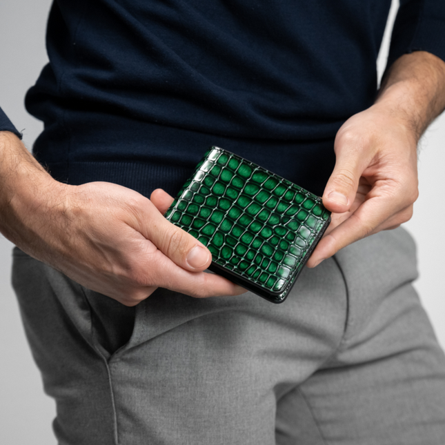 Geldbörse mit Croc-Print - Grün Echtleder