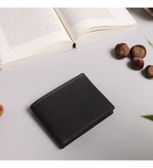 Redbrick Herren Bifold Geldbörse aus schwarzem Hunter-Leder mit Münzfach