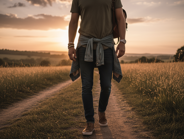 Ein Mann geht am Abend spazieren, an einem Handgelenk eine Tissot Uhr am anderen Armbänder, der Mann soll ganz am Bild sein, High Quality