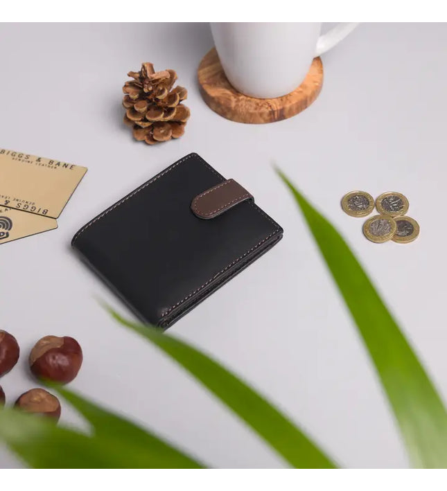 Biggs & Bane Herren-Bifold-Geldbörse aus schwarzem und dunkelbraunem Leder mit Münzfachlasche