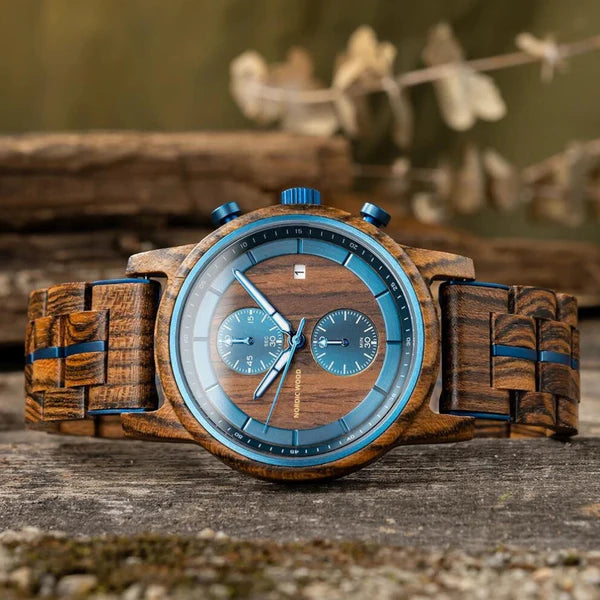Blue Waves aus Zebranoholz & Edelstahl mit Chronograph