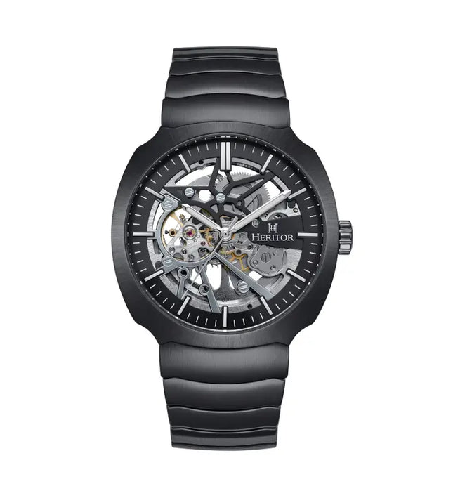 Heritor Automatic Magnus in schwarz – Skeleton-Armbanduhr aus Edelstahl