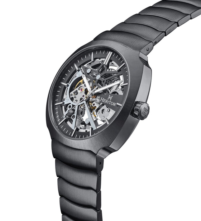 Heritor Automatic Magnus in schwarz – Skeleton-Armbanduhr aus Edelstahl